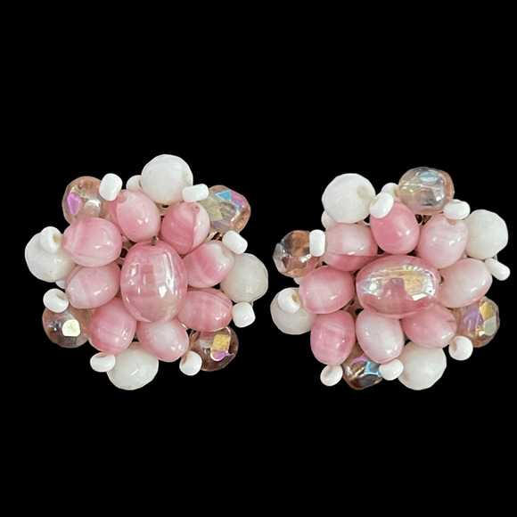 Signed West Germany Pink Glass Beaded Earrings Clip On VTG Beautiful Ballet Core - Picture 5 of 6